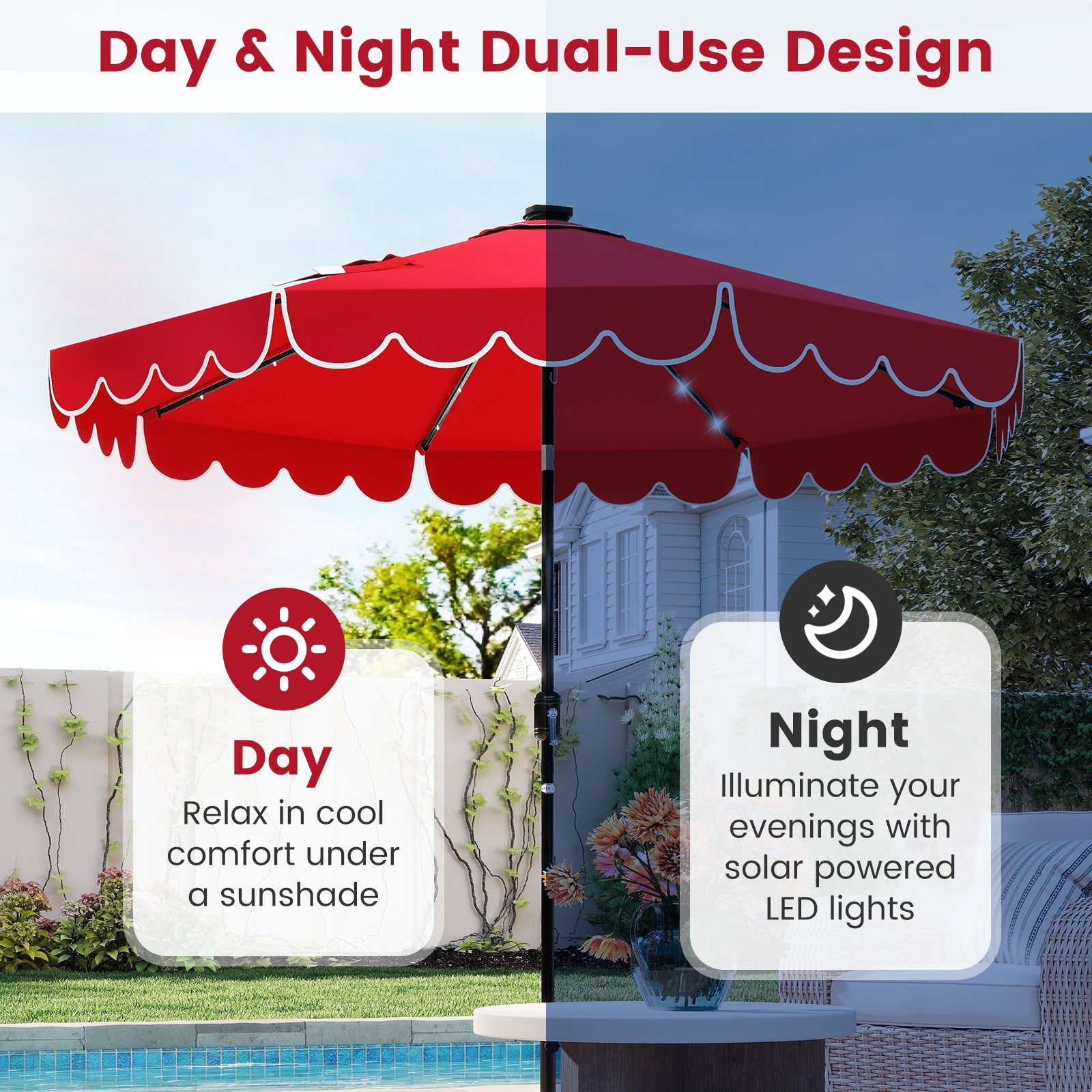 9.3 Feet Solar Patio Umbrella with 24 LED Lights Vented Top and Ruffles, Red Outdoor Umbrellas at Gallery Canada