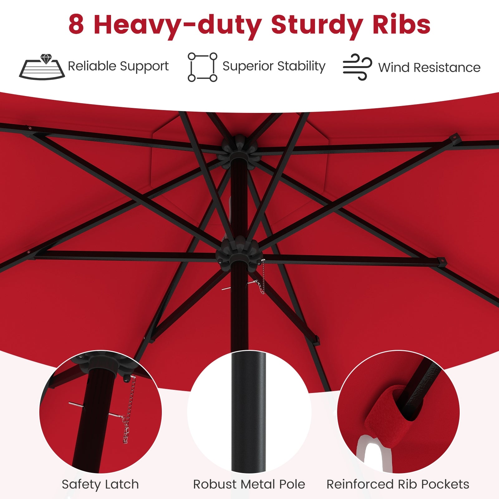 9.3 Feet Solar Patio Umbrella with 24 LED Lights Vented Top and Ruffles, Red Outdoor Umbrellas at Gallery Canada