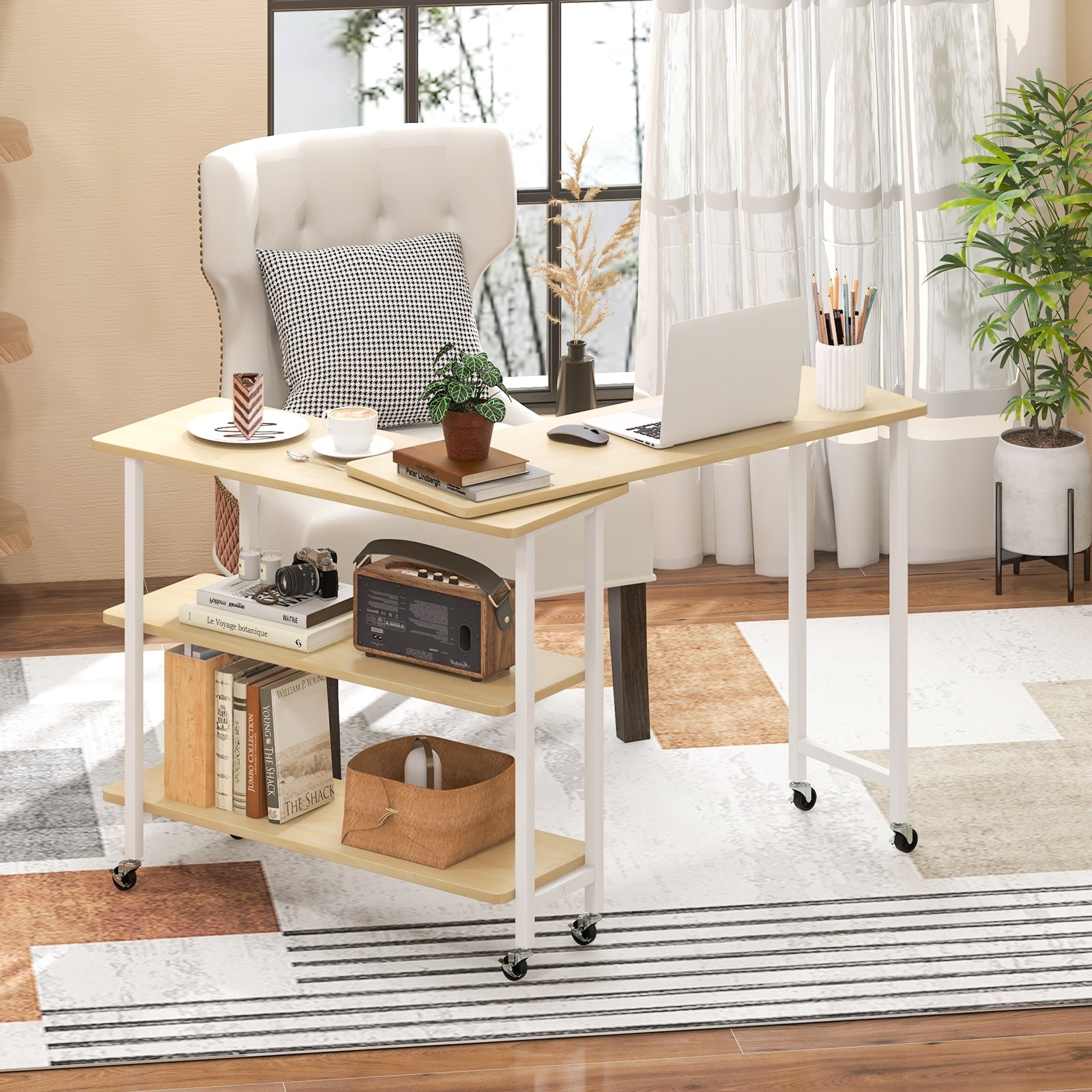 360° Rotating Sofa Side Table with 2-Tier Storage Shelves, Natural L-Shaped Desks at Gallery Canada