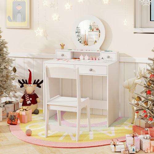 Kids Vanity Set with Mirror Princess Makeup Dressing Desk and Chair Set with Mirror, White