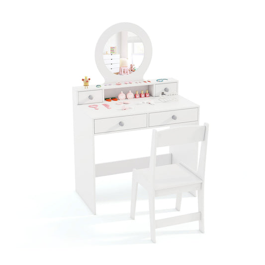 Ensemble de Coiffeuse pour Enfants avec Miroir, Bureau de Maquillage et Chaise de Princesse, Blanc