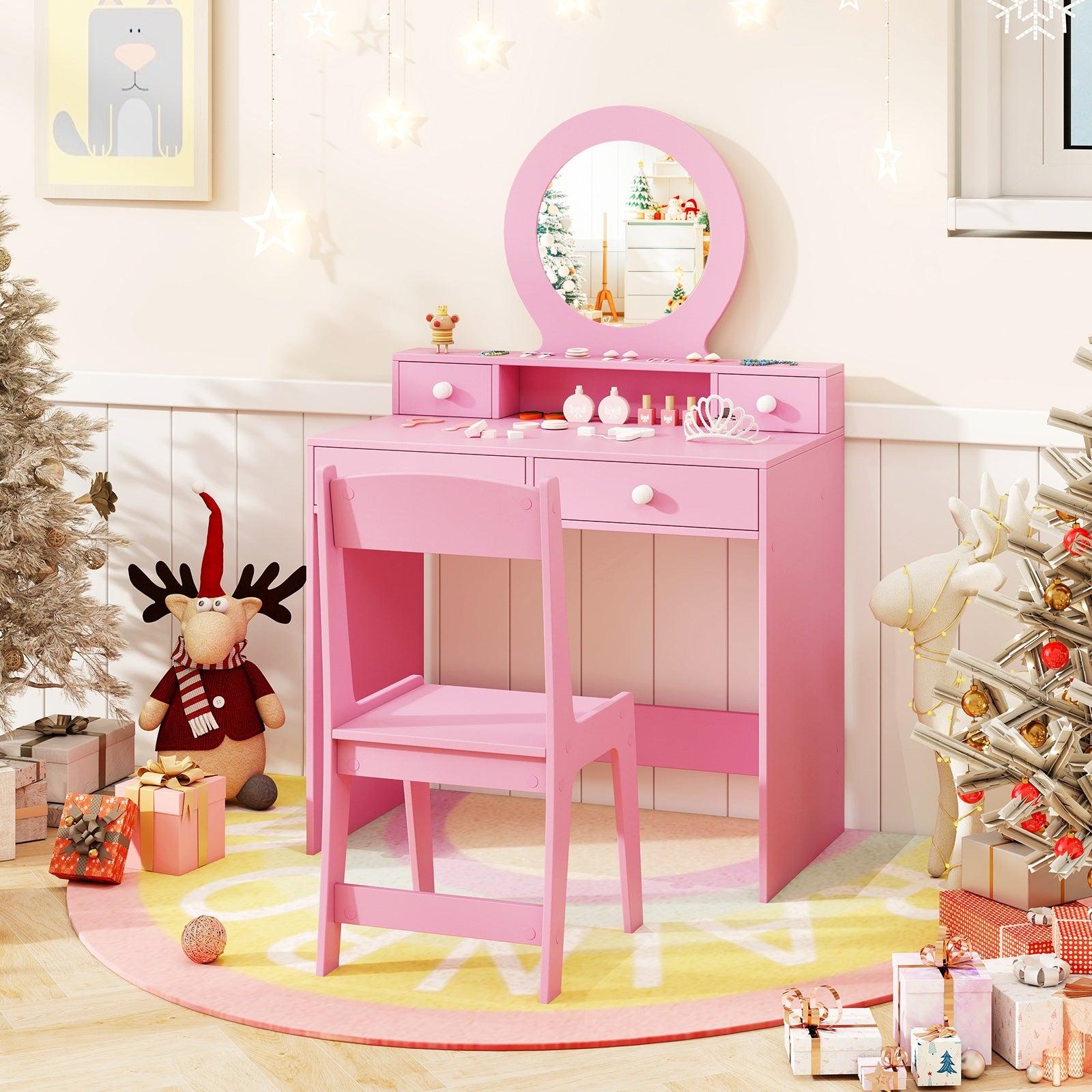 Kids Vanity Set with Mirror Princess Makeup Dressing Desk and Chair Set with Mirror, Pink Kids Vanities at Gallery Canada