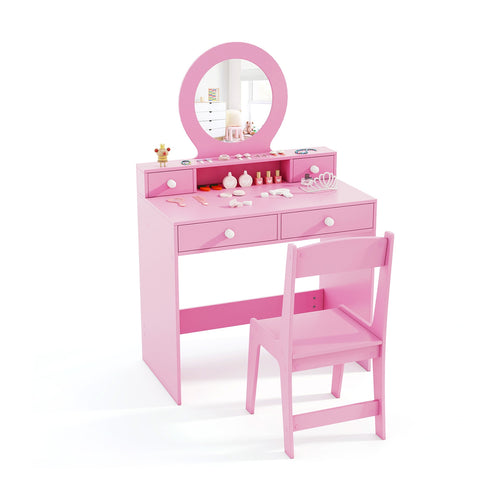 Kids Vanity Set With Mirror, Princess Makeup Dressing Desk And Chair, Pink