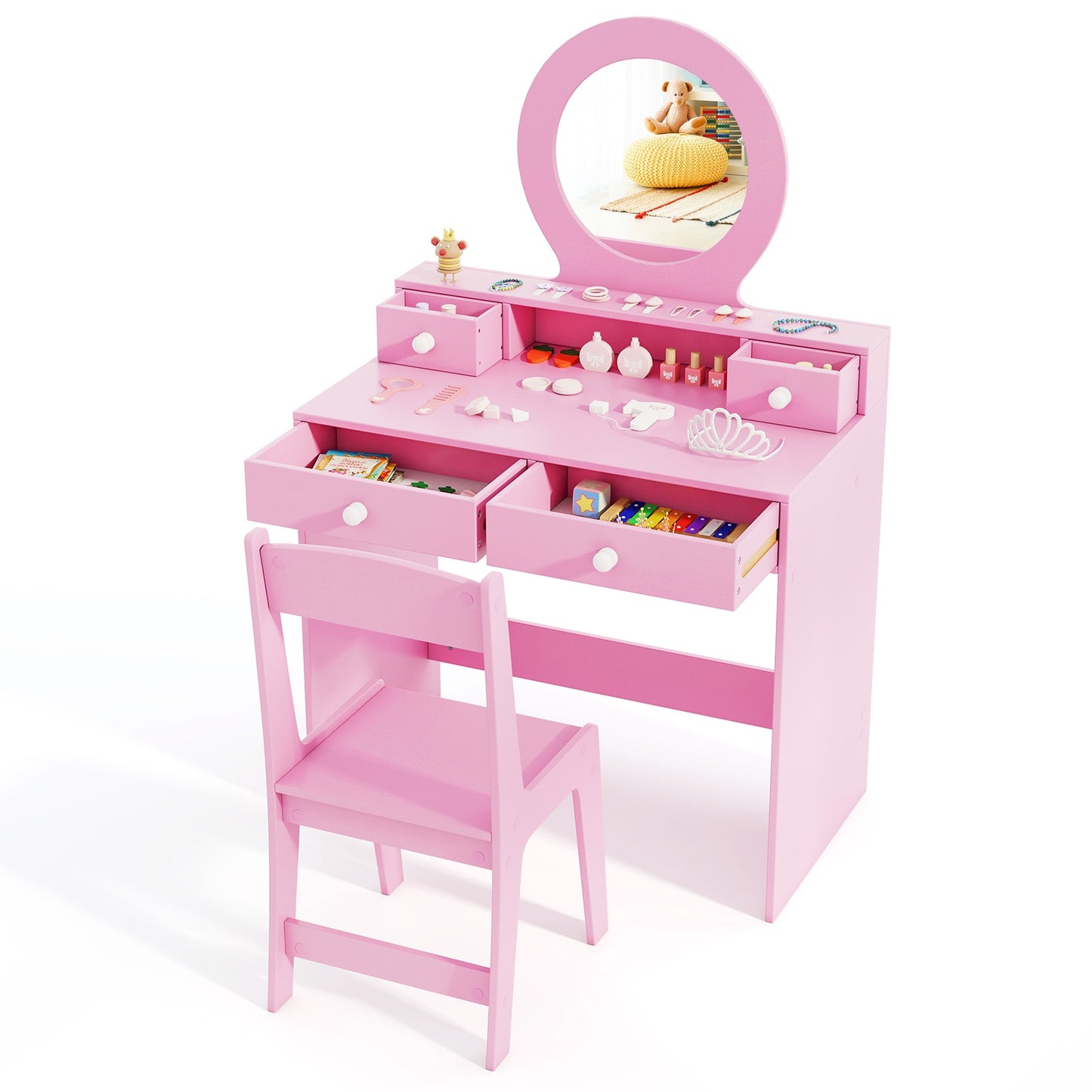 Kids Vanity Set with Mirror Princess Makeup Dressing Desk and Chair Set with Mirror, Pink Kids Vanities at Gallery Canada