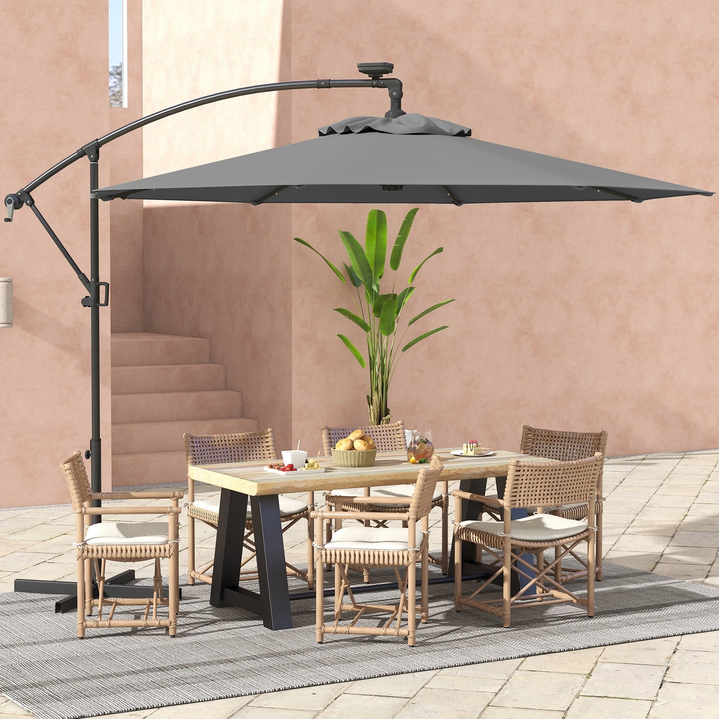 10 Feet Solar Powered LED Patio Umbrella, 360° Rotation, Gray Outdoor Umbrellas at Gallery Canada