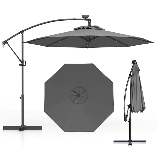 10 Feet Solar Powered LED Patio Umbrella, 360° Rotation, Gray Outdoor Umbrellas Gray at Gallery Canada
