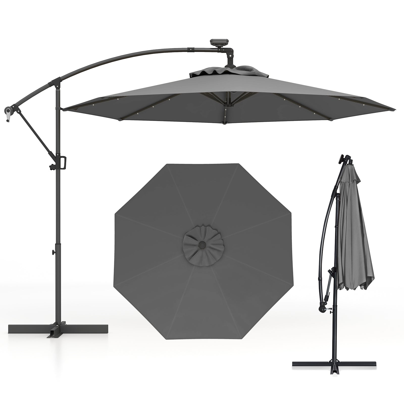 10 Feet Solar Powered LED Patio Umbrella, 360° Rotation, Gray Outdoor Umbrellas at Gallery Canada