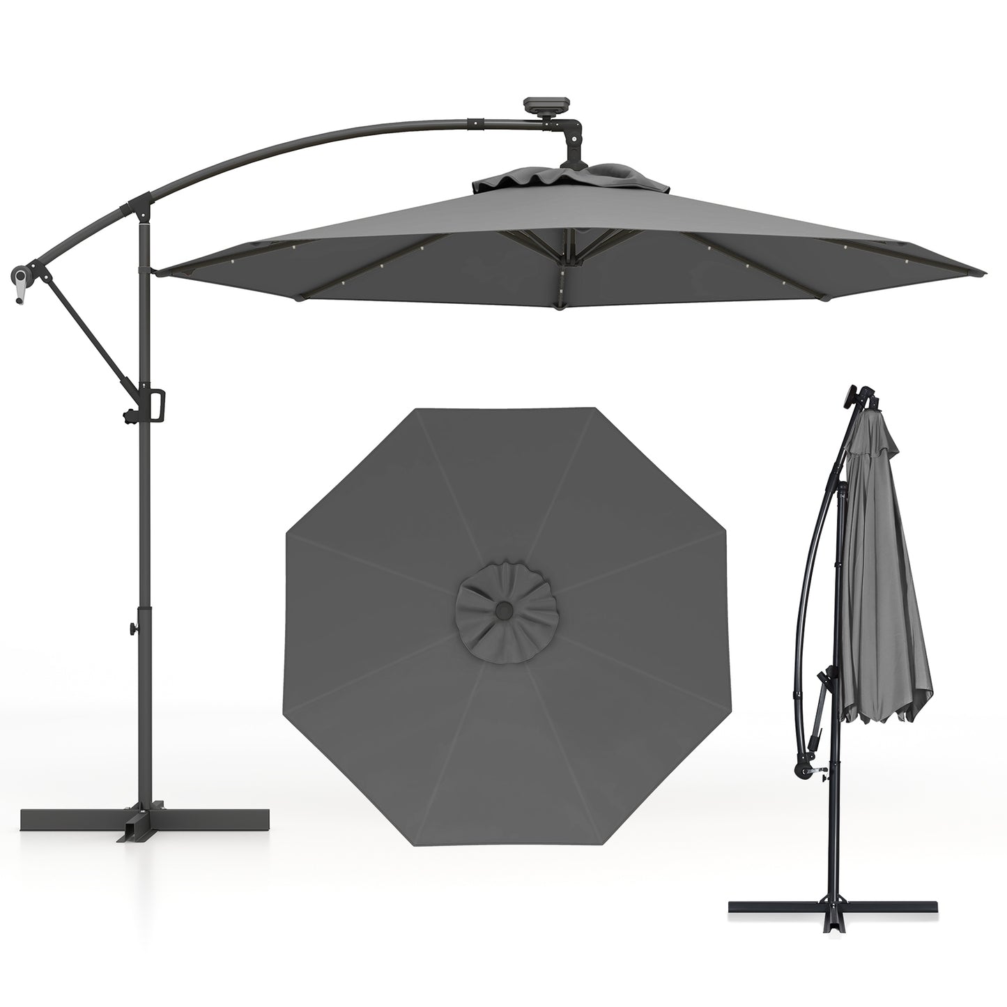10 Feet Solar Powered LED Patio Umbrella, 360° Rotation, Gray Outdoor Umbrellas at Gallery Canada