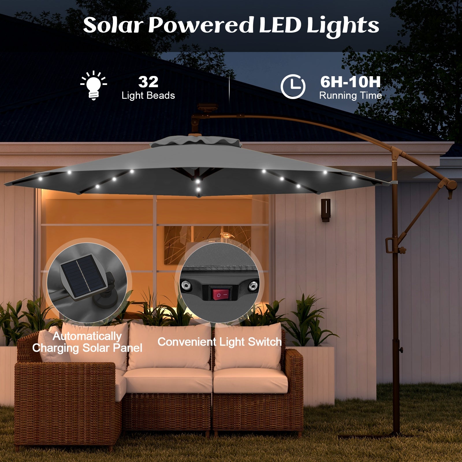 10 Feet Solar Powered LED Patio Umbrella, 360° Rotation, Gray Outdoor Umbrellas at Gallery Canada