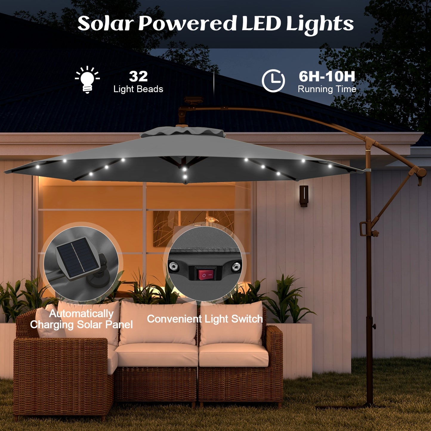 10 Feet Solar Powered LED Patio Umbrella, 360° Rotation, Gray Outdoor Umbrellas at Gallery Canada