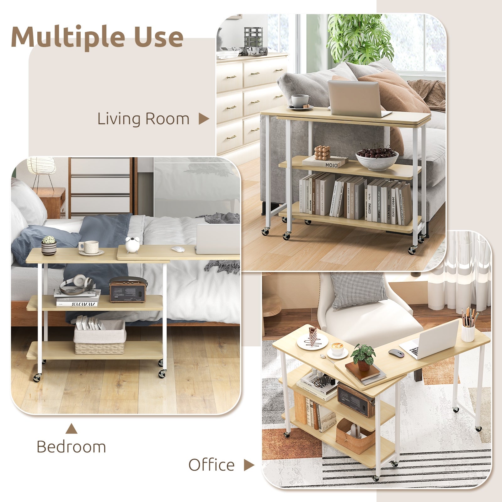 360° Rotating Sofa Side Table with 2-Tier Storage Shelves, Natural L-Shaped Desks at Gallery Canada