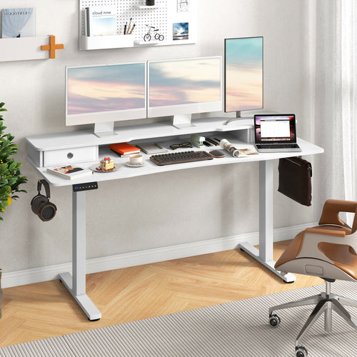 63 Inch x 24 Inch Electric Standing Desk With 2 Drawers, White