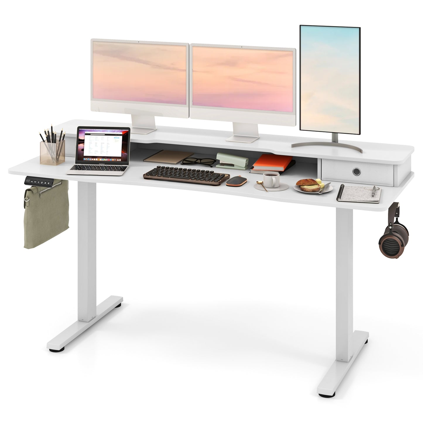 63 Inch x 24 Inch Electric Standing Desk With 2 Drawers, White Standing Desks at Gallery Canada