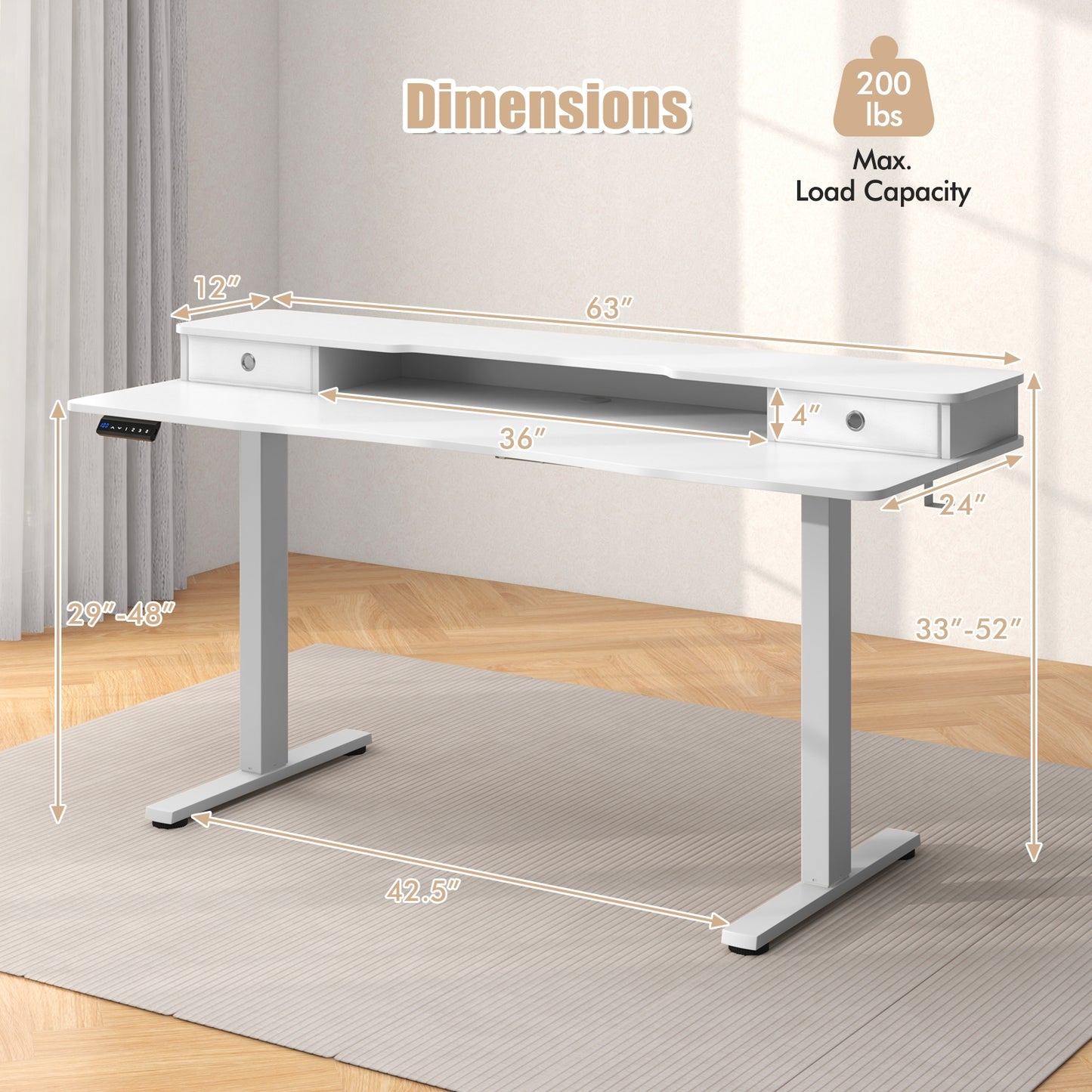 63 Inch x 24 Inch Electric Standing Desk With 2 Drawers, White Standing Desks at Gallery Canada