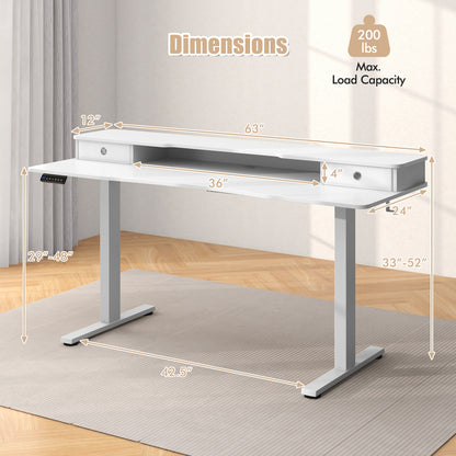 63 Inch x 24 Inch Electric Standing Desk With 2 Drawers, White Standing Desks at Gallery Canada