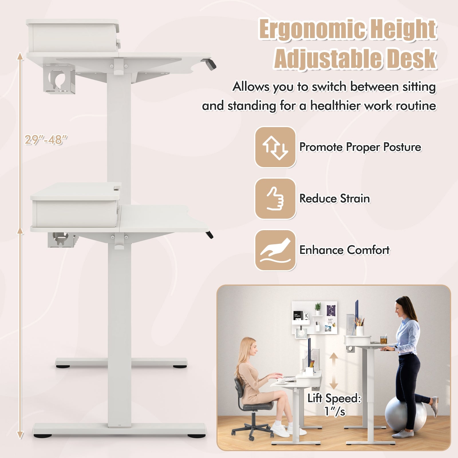 63 Inch x 24 Inch Electric Standing Desk With 2 Drawers, White Standing Desks at Gallery Canada