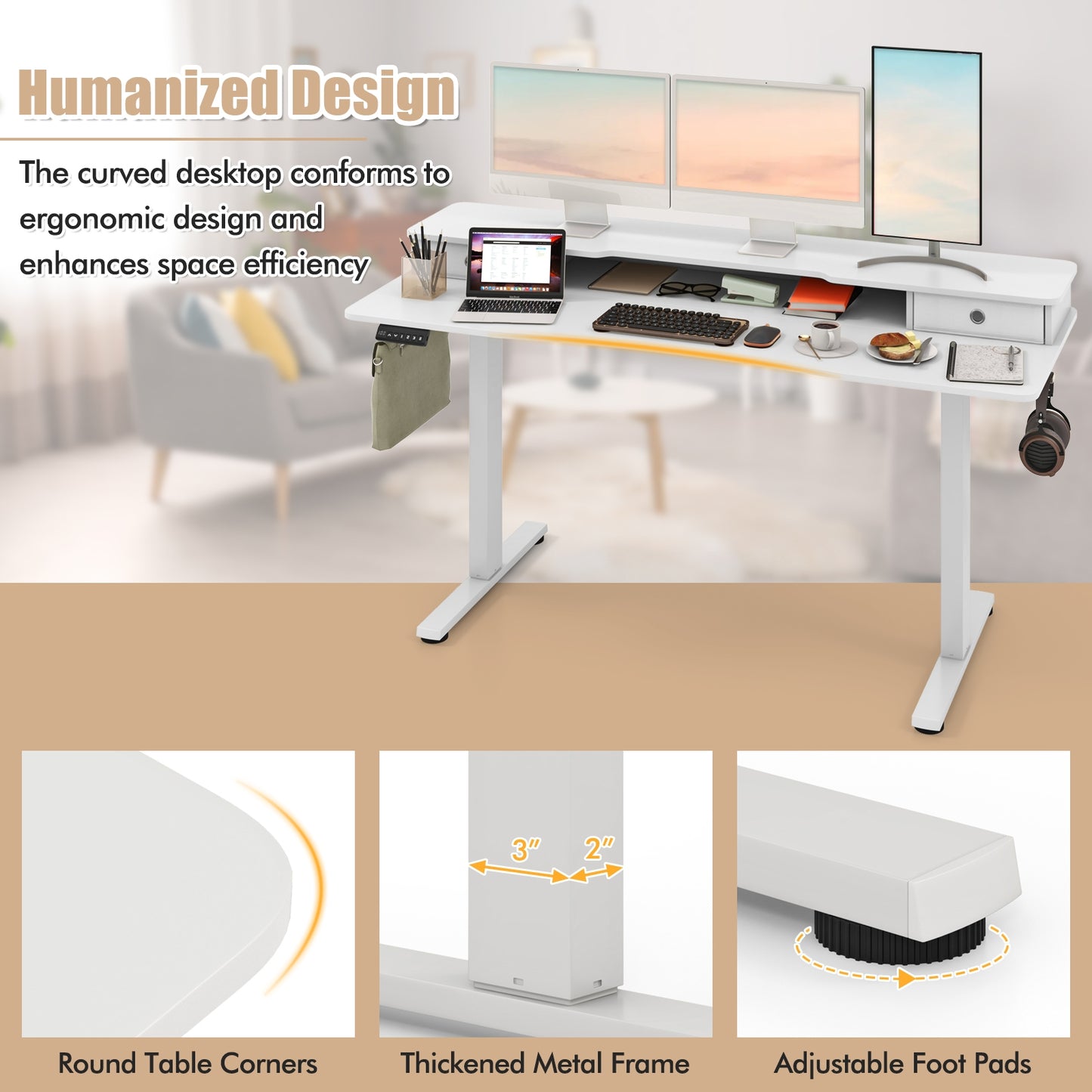 63 Inch x 24 Inch Electric Standing Desk With 2 Drawers, White Standing Desks at Gallery Canada