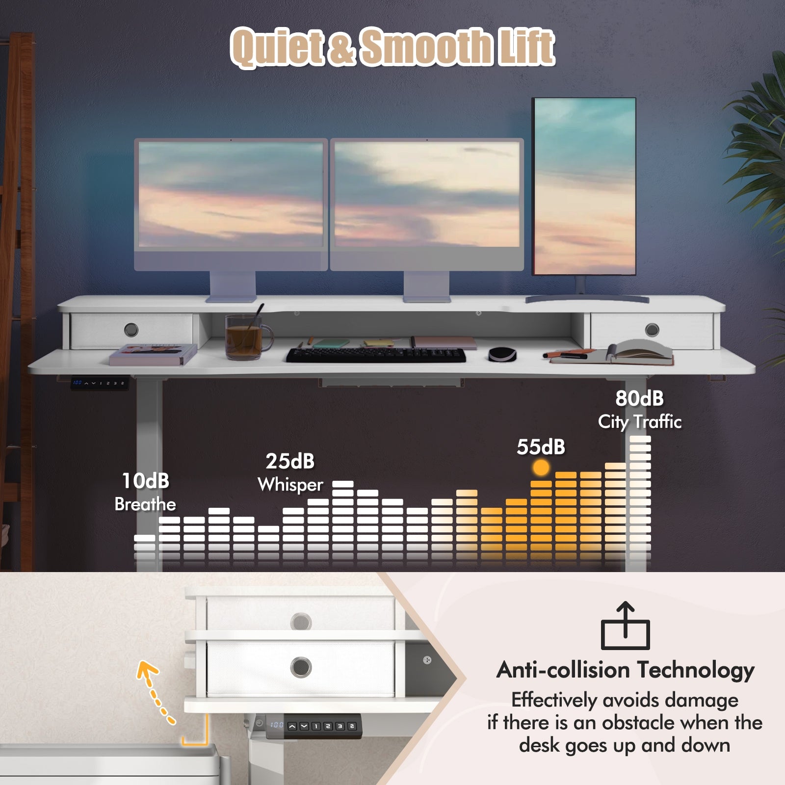 63 Inch x 24 Inch Electric Standing Desk With 2 Drawers, White Standing Desks at Gallery Canada