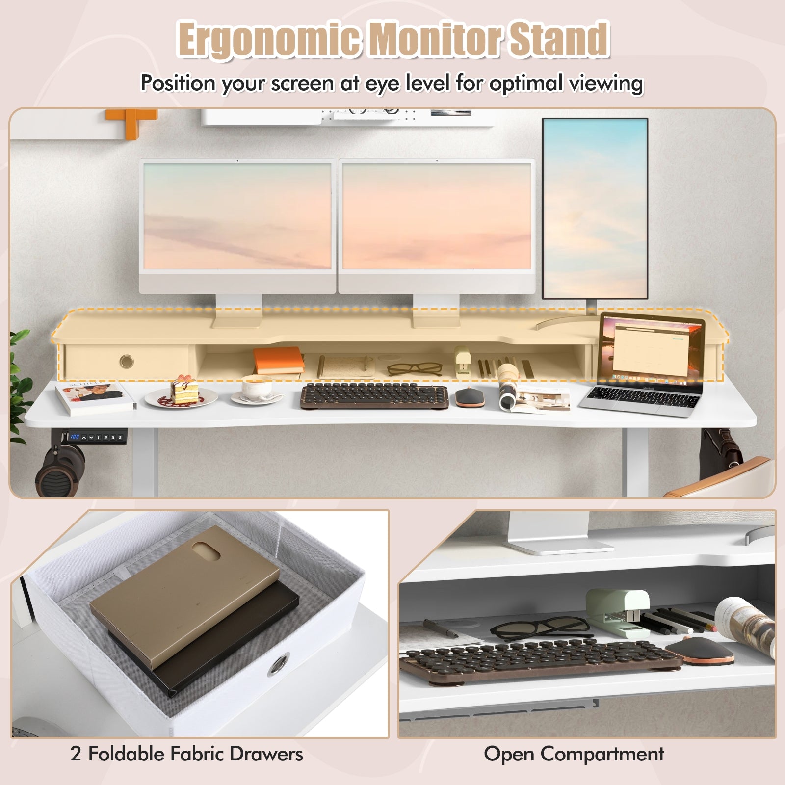 63 Inch x 24 Inch Electric Standing Desk With 2 Drawers, White Standing Desks at Gallery Canada