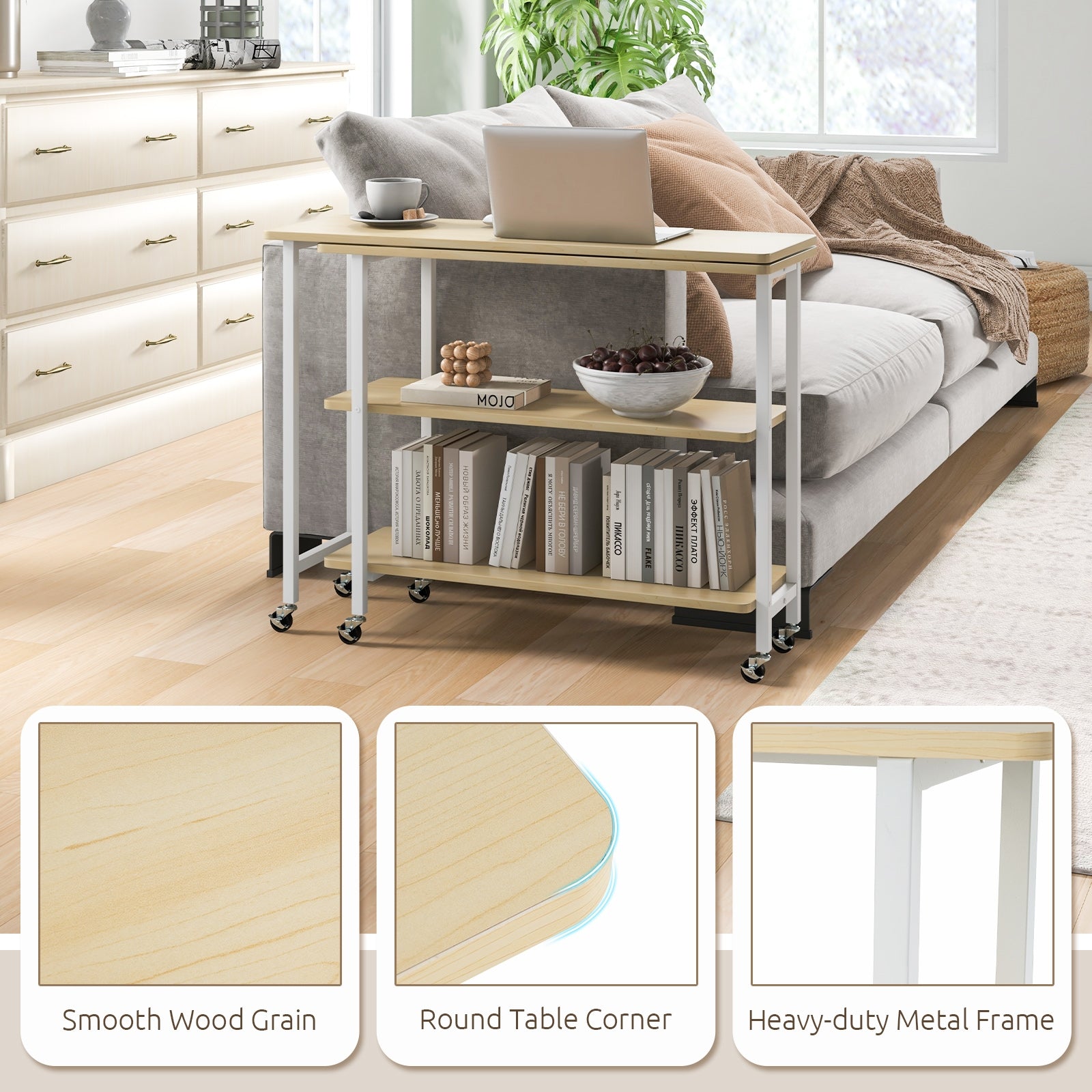 360° Rotating Sofa Side Table with 2-Tier Storage Shelves, Natural L-Shaped Desks at Gallery Canada