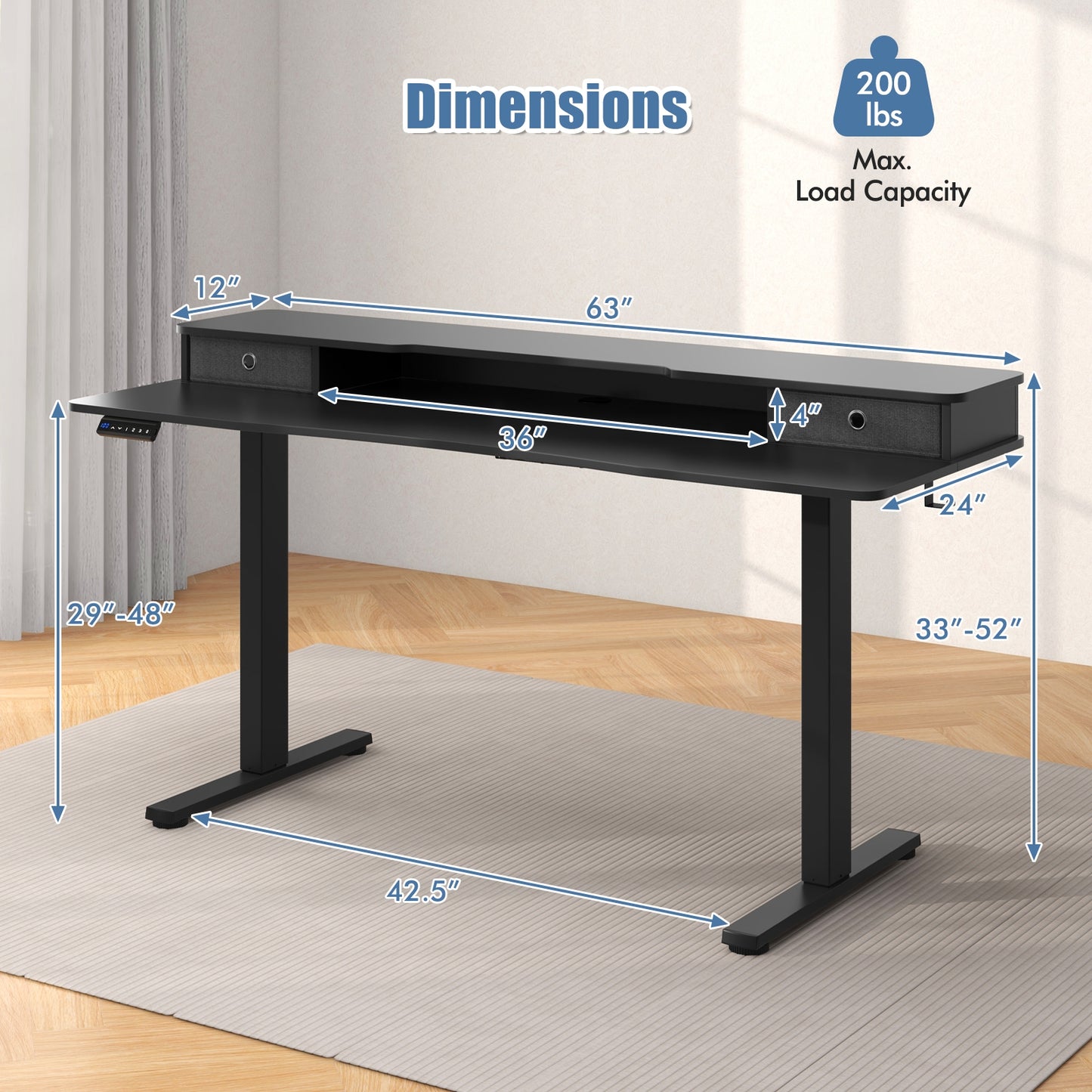 63 Inch x 24 Inch Electric Standing Desk with 2 Drawers, Black Standing Desks at Gallery Canada