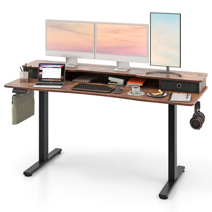 63 Inch x 24 Inch Electric Standing Desk, 2 Drawers, Rustic Brown
