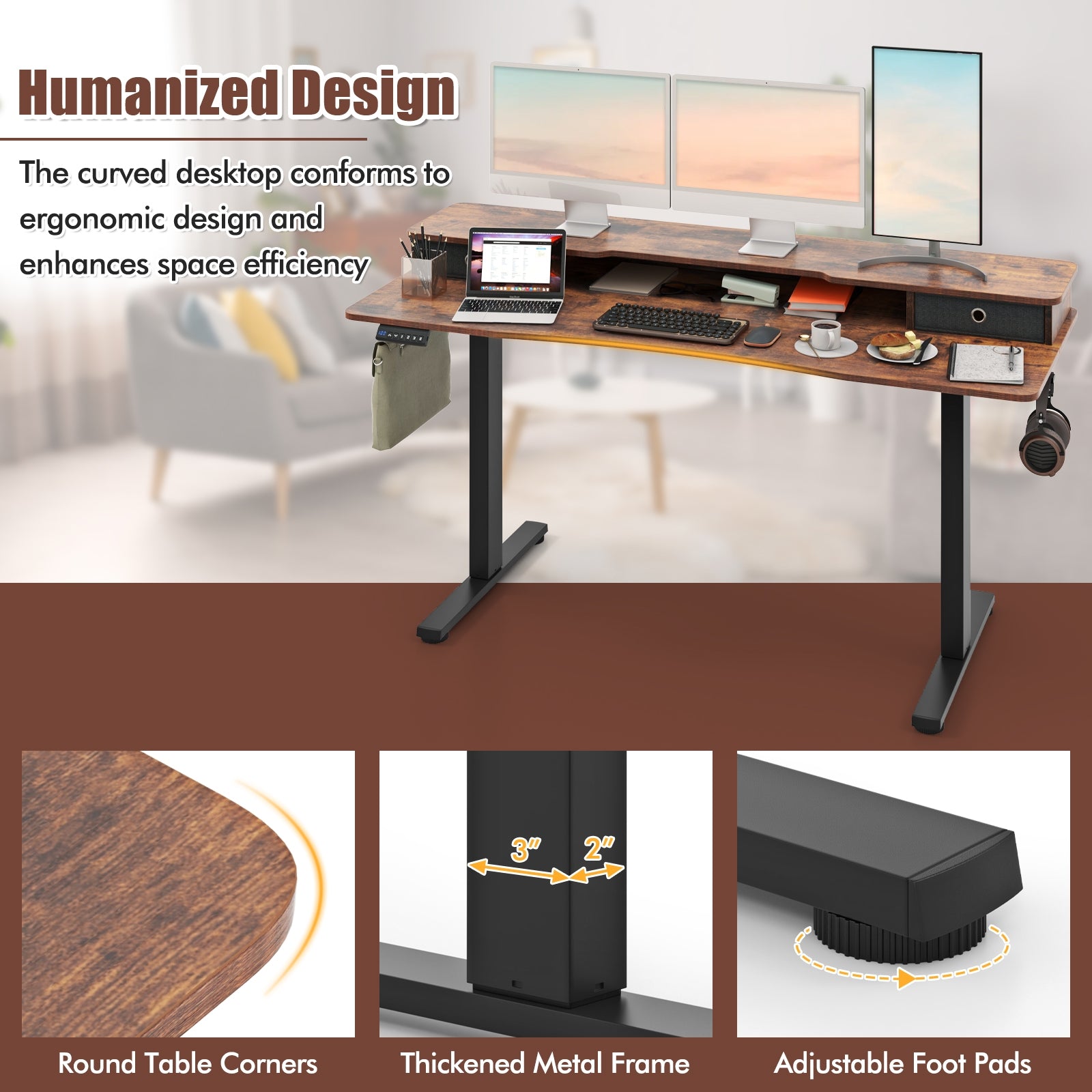 63 Inch x 24 Inch Electric Standing Desk with 2 Drawers, Rustic Brown Standing Desks at Gallery Canada