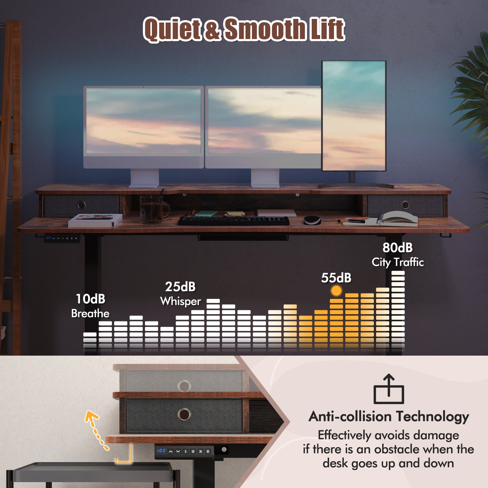 63 Inch x 24 Inch Electric Standing Desk with 2 Drawers, Rustic Brown Standing Desks at Gallery Canada