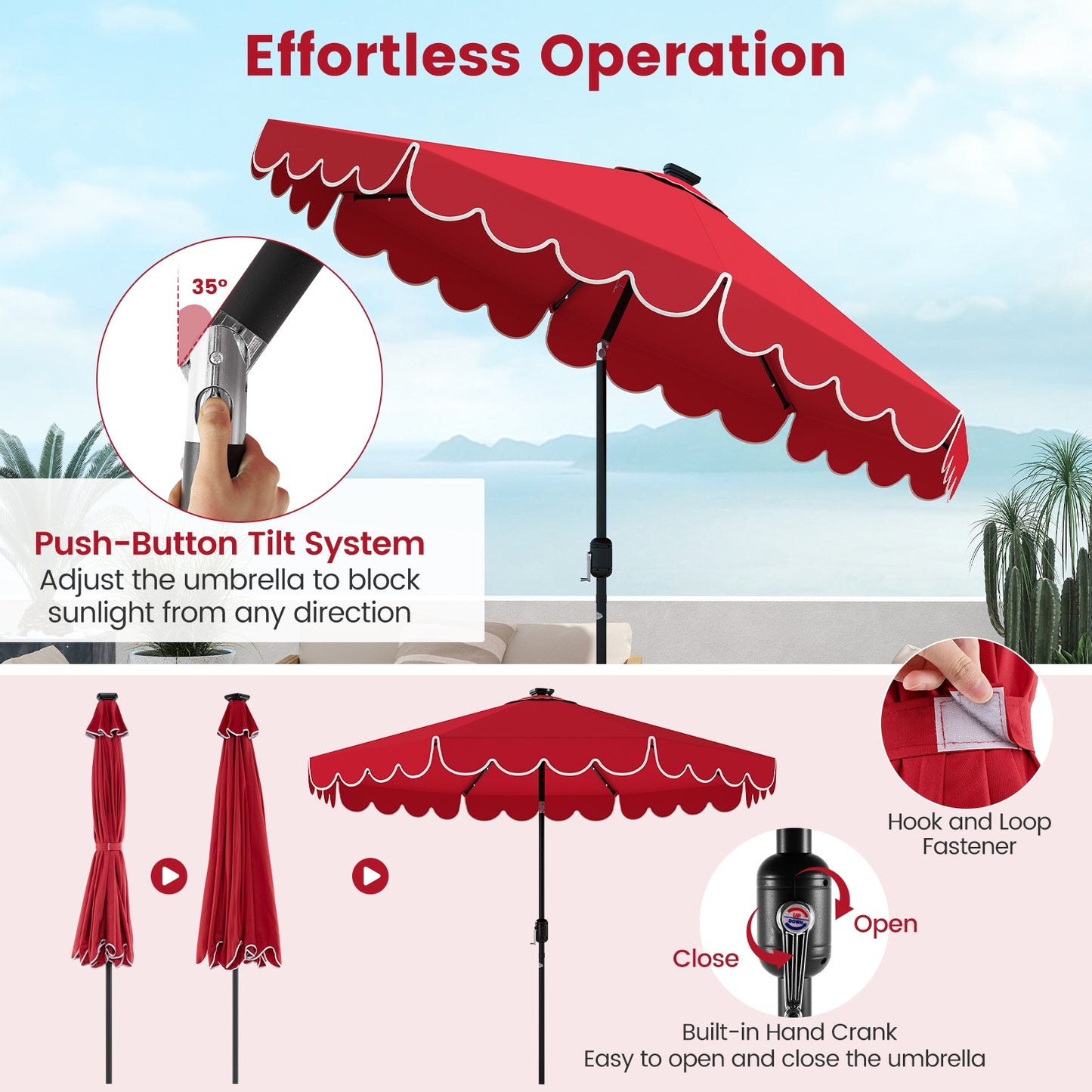 9.3 Feet Solar Patio Umbrella with 24 LED Lights Vented Top and Ruffles, Red Outdoor Umbrellas at Gallery Canada