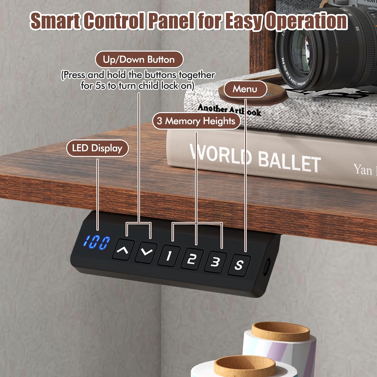 63 Inch x 24 Inch Electric Standing Desk with 2 Drawers, Rustic Brown Standing Desks at Gallery Canada