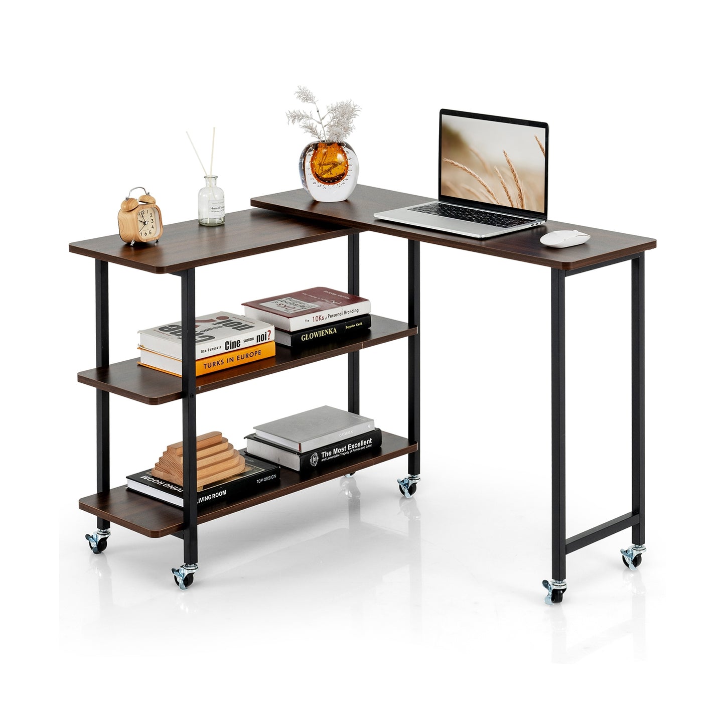 360° Rotating Sofa Side Table with 2-Tier Storage Shelves, Walnut L-Shaped Desks Walnut at Gallery Canada