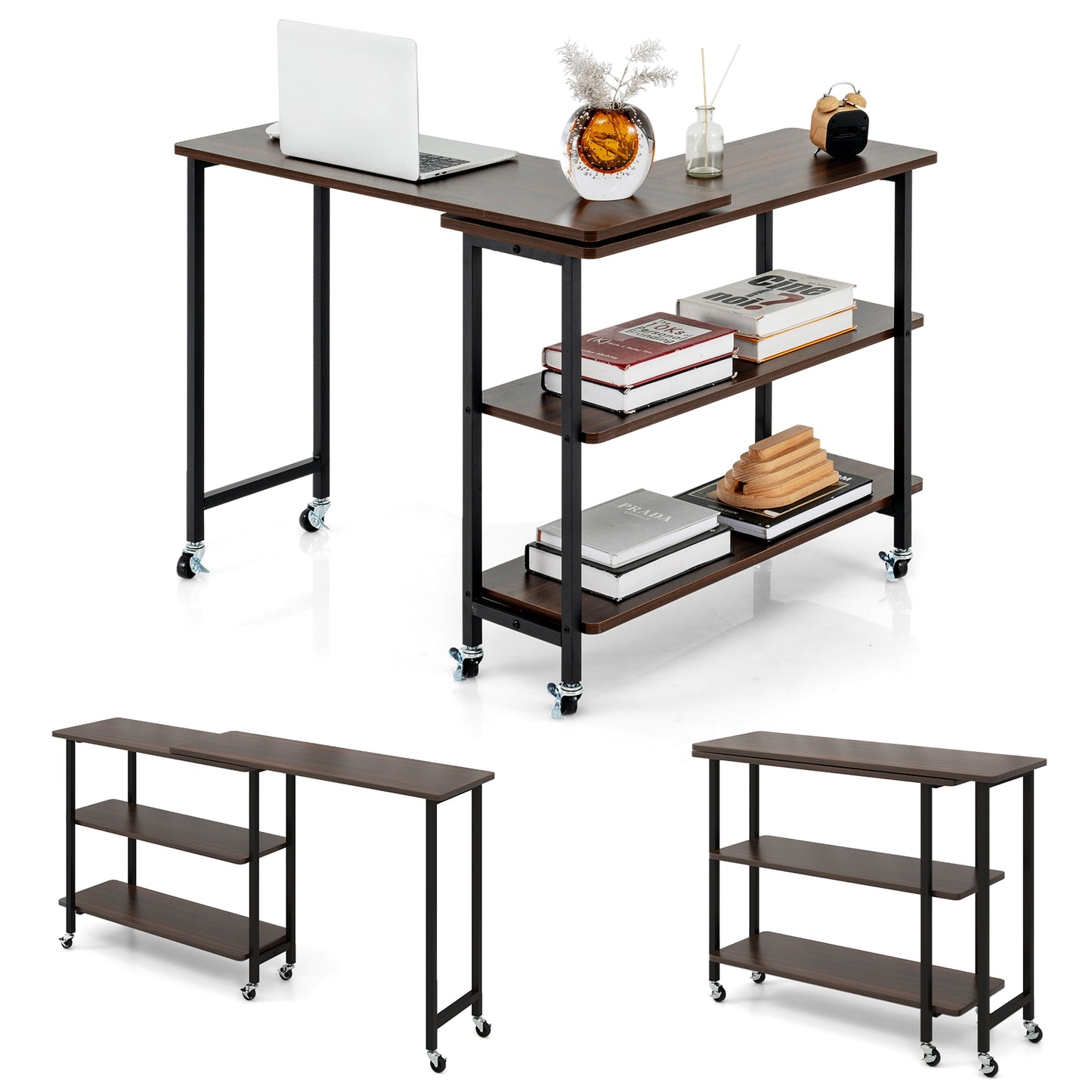 360° Rotating Sofa Side Table with 2-Tier Storage Shelves, Walnut L-Shaped Desks at Gallery Canada