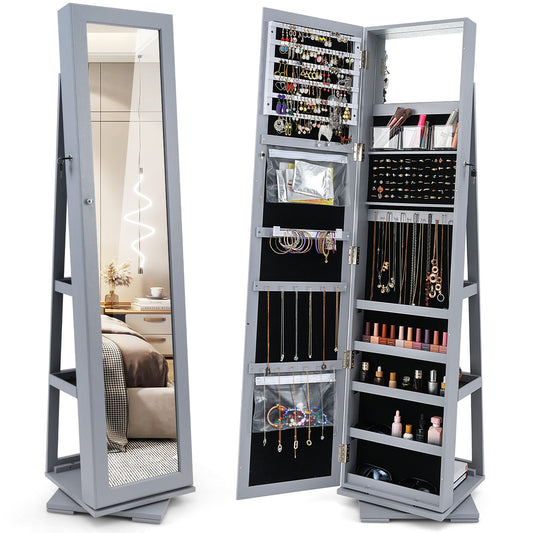 Rotatable 2-in-1 Lockable Jewelry Cabinet, Full-Length Mirror, Gray Jewelry Armoires Gray at Gallery Canada