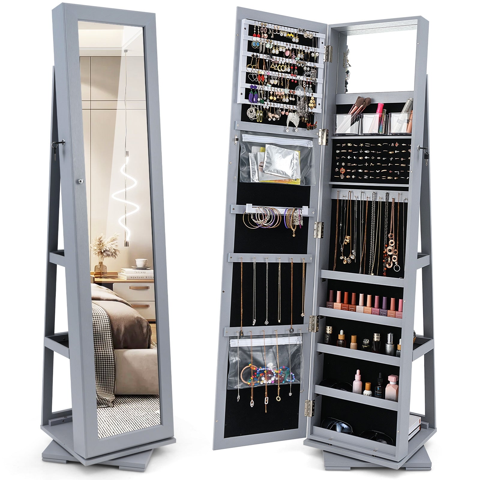 360° Rotatable 2-in-1 Lockable Jewelry Cabinet with Full-Length Mirror, Gray Jewelry Armoires at Gallery Canada