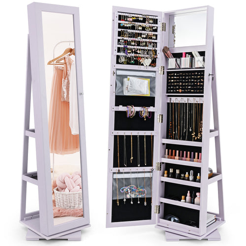 360° Rotatable 2-in-1 Lockable Jewelry Cabinet with Full-Length Mirror, Purple