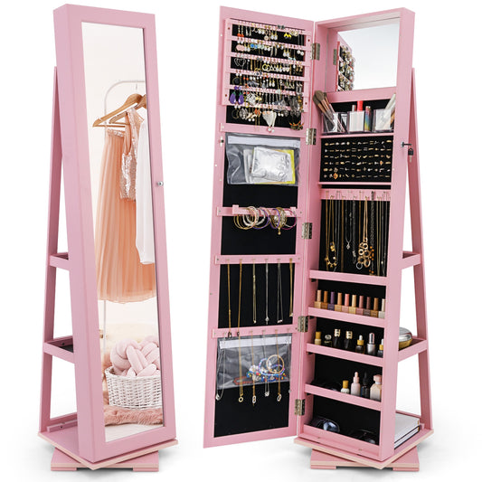 Rotatable 2-in-1 Lockable Jewelry Cabinet, Full-Length Mirror, Pink Jewelry Armoires Pink at Gallery Canada