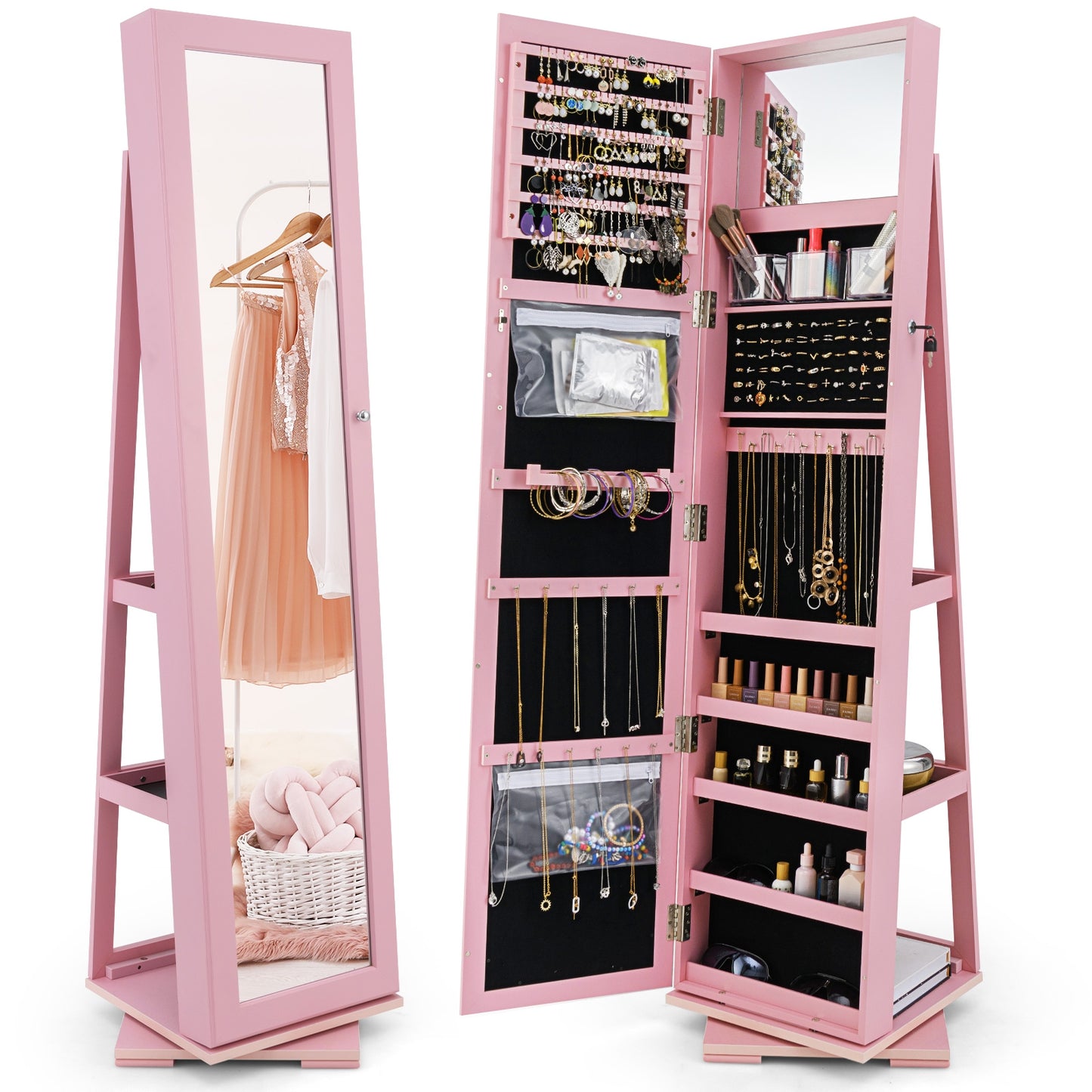 Rotatable 2-in-1 Lockable Jewelry Cabinet, Full-Length Mirror, Pink