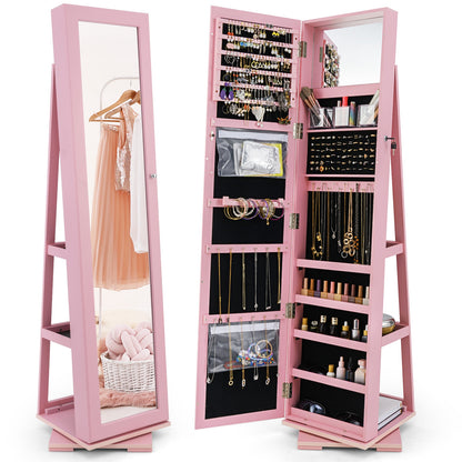 Rotatable 2-in-1 Lockable Jewelry Cabinet, Full-Length Mirror, Pink