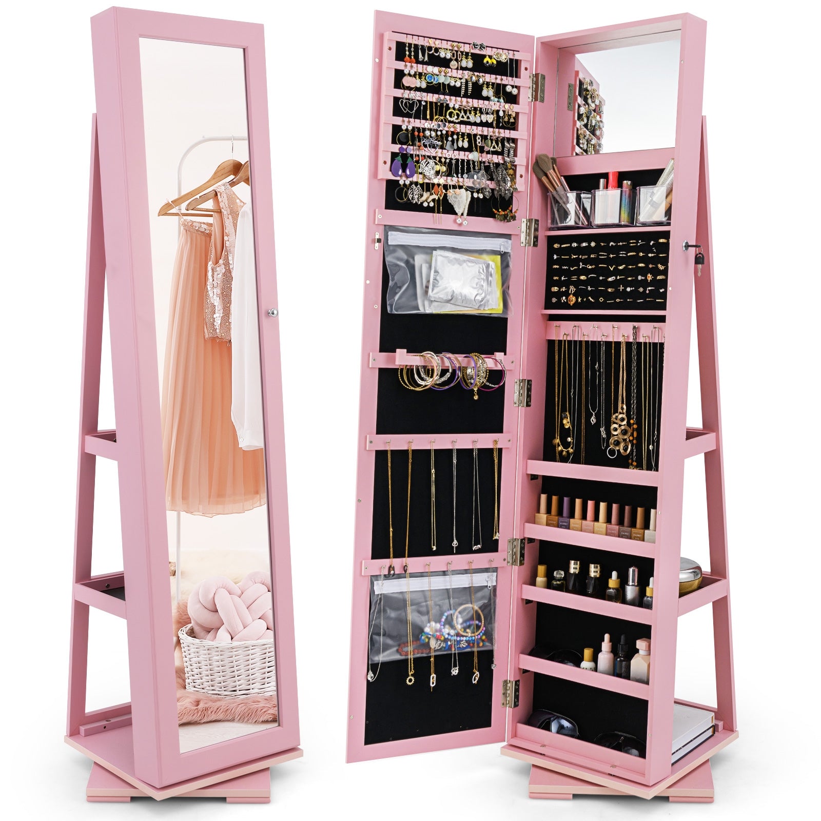 360° Rotatable 2-in-1 Lockable Jewelry Cabinet with Full-Length Mirror, Pink Jewelry Armoires at Gallery Canada