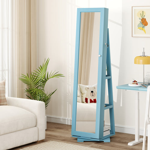Rotatable 2-in-1 Lockable Jewelry Cabinet, Full-Length Mirror, Blue