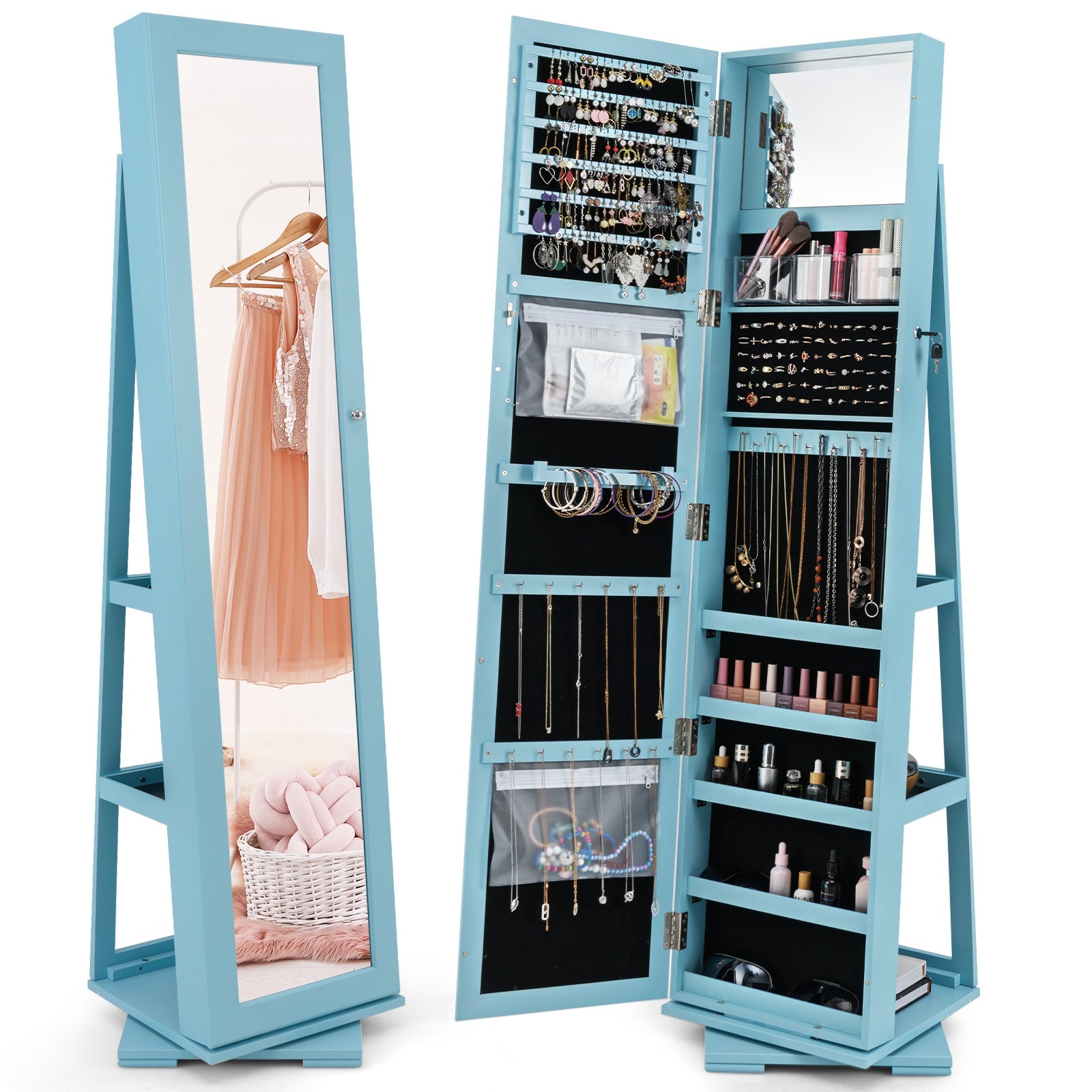 360° Rotatable 2-in-1 Lockable Jewelry Cabinet with Full-Length Mirror, Blue Jewelry Armoires Blue at Gallery Canada