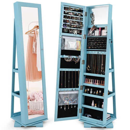 360° Rotatable 2-in-1 Lockable Jewelry Cabinet with Full-Length Mirror, Blue