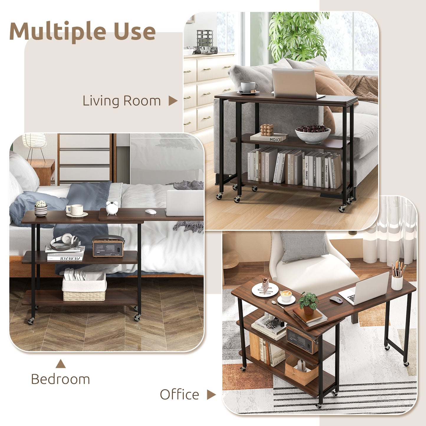 360° Rotating Sofa Side Table with 2-Tier Storage Shelves, Walnut L-Shaped Desks at Gallery Canada