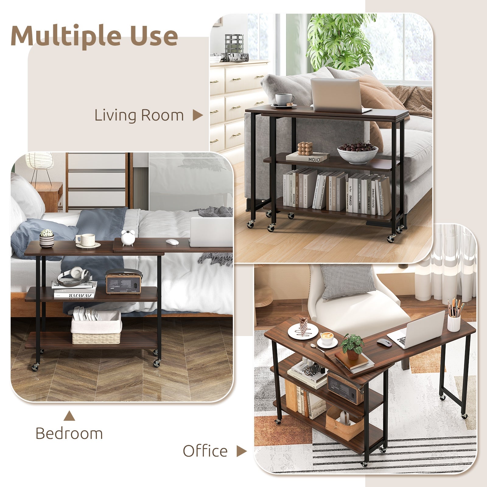 360° Rotating Sofa Side Table with 2-Tier Storage Shelves, Walnut L-Shaped Desks at Gallery Canada