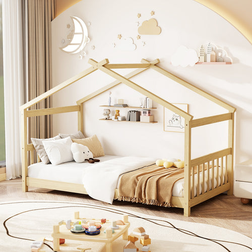 Twin Size Wooden House Bed With Roof, Natural