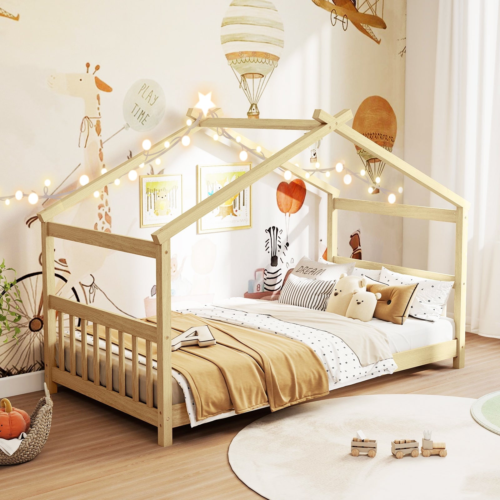 Twin Size Wooden House Bed With Roof, Natural Simple Bed Frame at Gallery Canada