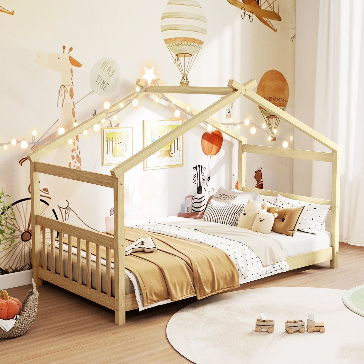 Twin Size Wooden House Bed With Roof, Natural Simple Bed Frame at Gallery Canada