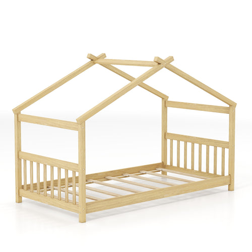 Twin Size Wooden House Bed With Roof, Natural