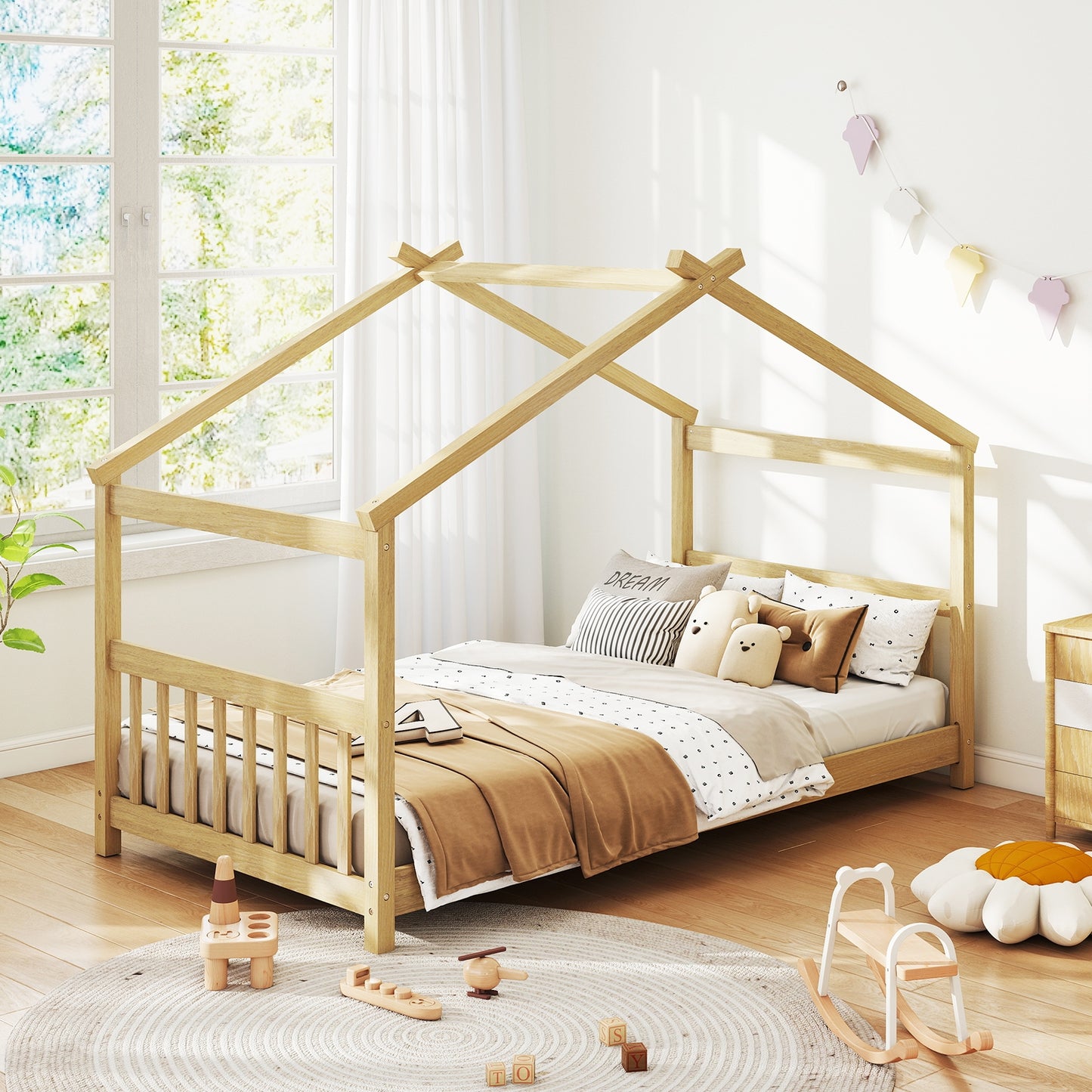 Twin Size Wooden House Bed With Roof, Natural Simple Bed Frame at Gallery Canada