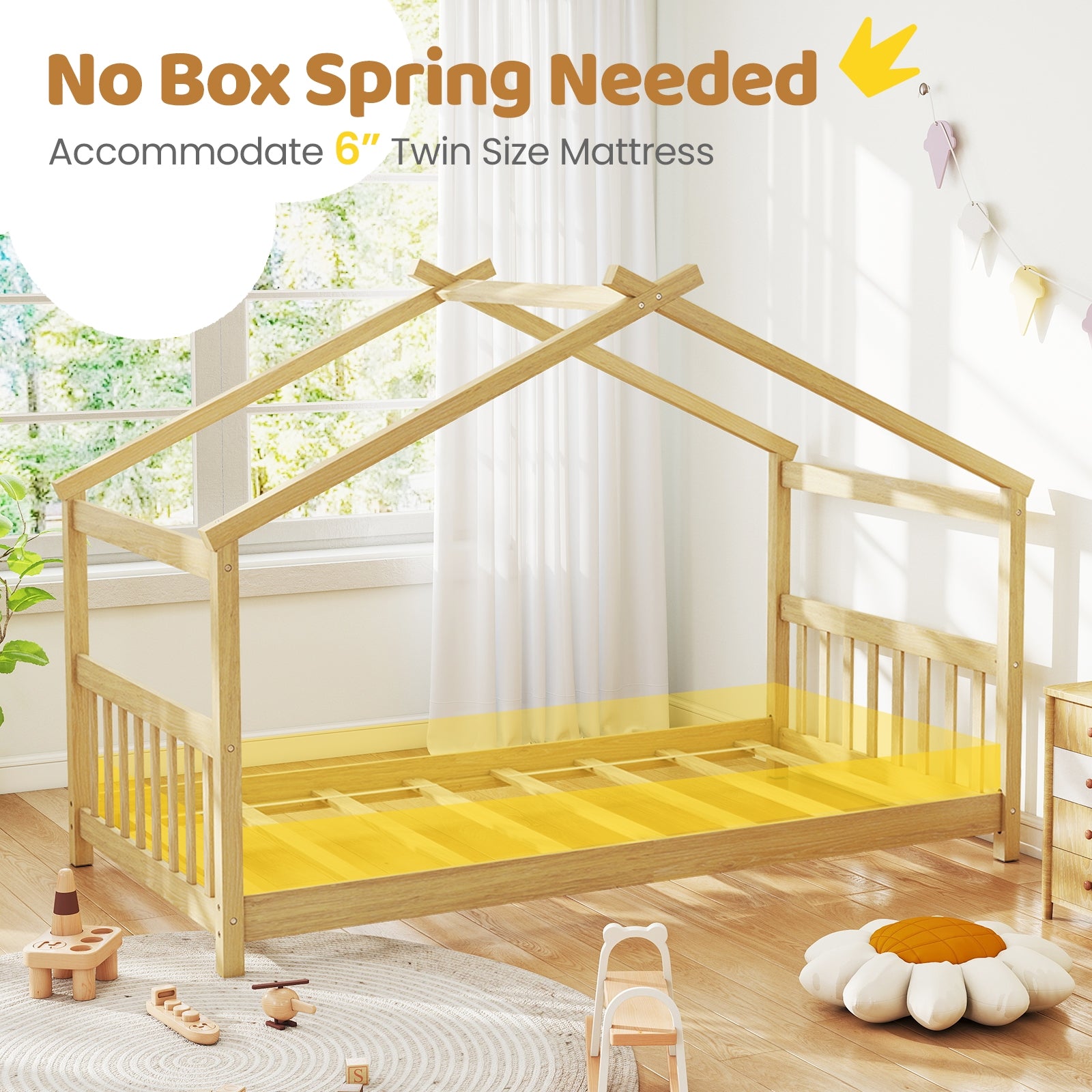 Twin Size Wooden House Bed With Roof, Natural Simple Bed Frame at Gallery Canada